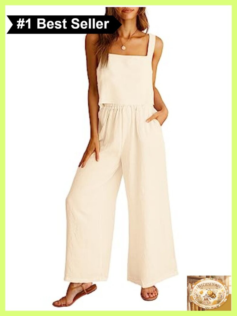 ANRABESS 2 Piece Linen Set Women Summer Square Neck Crop Tank Wide Leg Pants